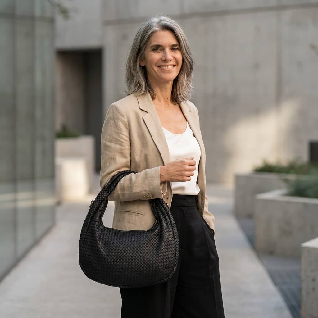 Žena s pletenou kabelkou